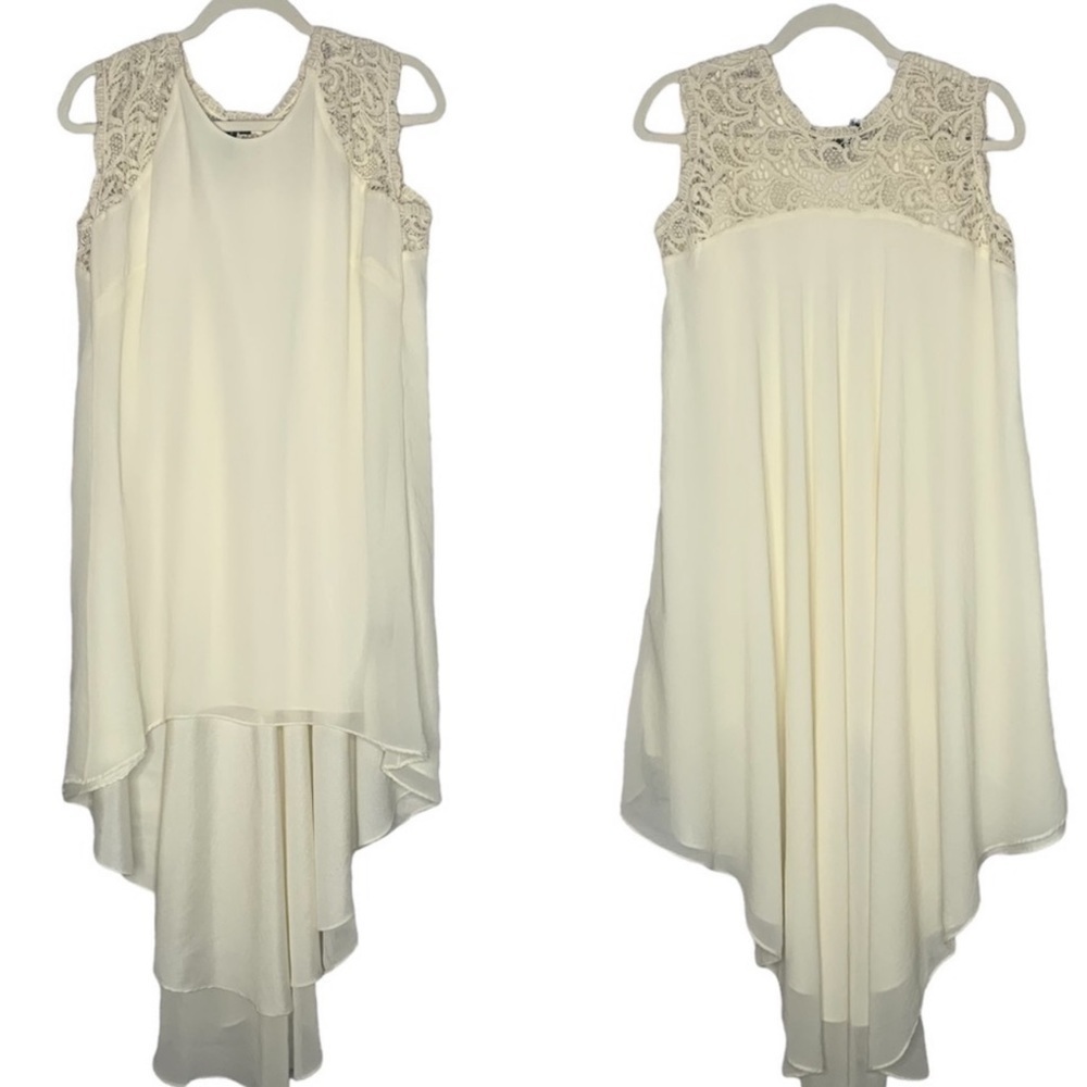 Marciano Ivory Textured Satin Lace Sleeve High Low Shift Dress - Picture 2 of 16